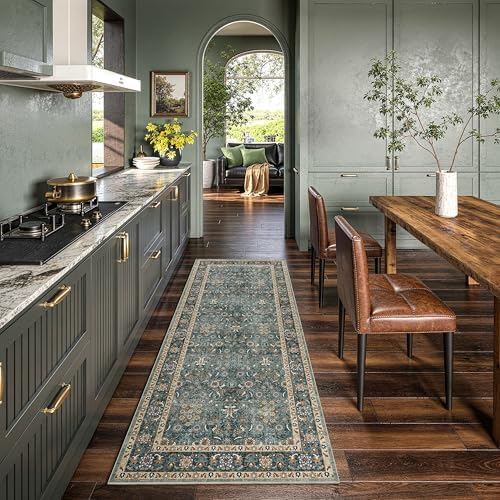 Washable 2x7 Entryway Runner Rug, Non-Slip Low Pile Rugs, Green by Winslssol