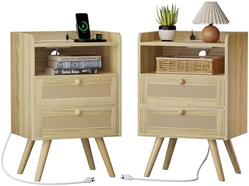 SUPERJARE Night Stand with Charger Station, Boho Rattan Nightstand Set of 2 by SUPERJARE