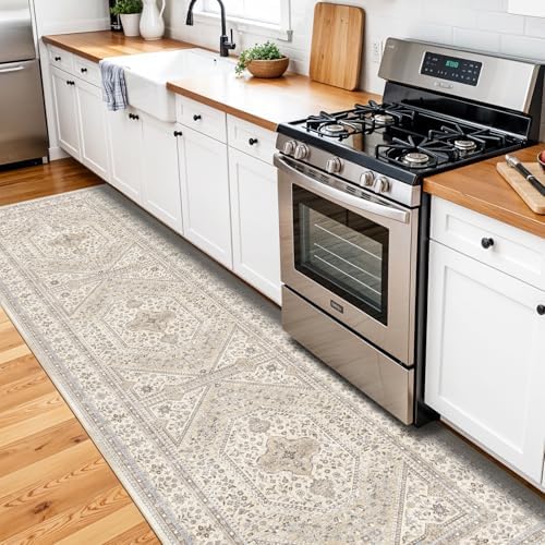 3x10 Washable Hallway Runner Rug - Non-Slip Vintage Kitchen Rugs Beige Gray - Image 2