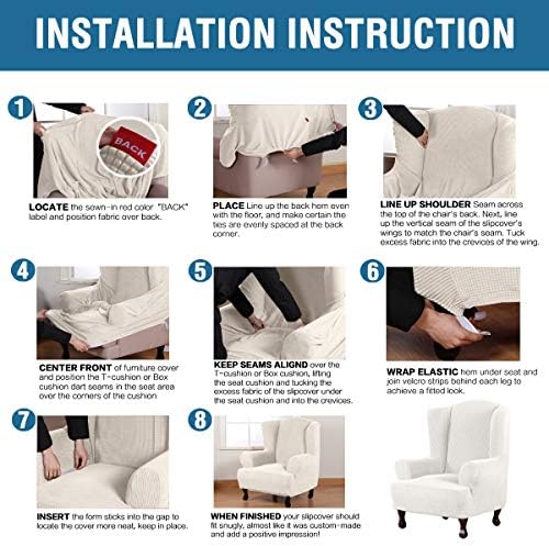 H.VERSAILTEX Wing Chair Slipcover Chair Covers for Wingback Chairs Wingback Chair Covers Slipcovers 1 Piece Stretch Sofa Cover Furniture Protector Soft Spandex Jacquard Checked Pattern, Ivory - Image 6