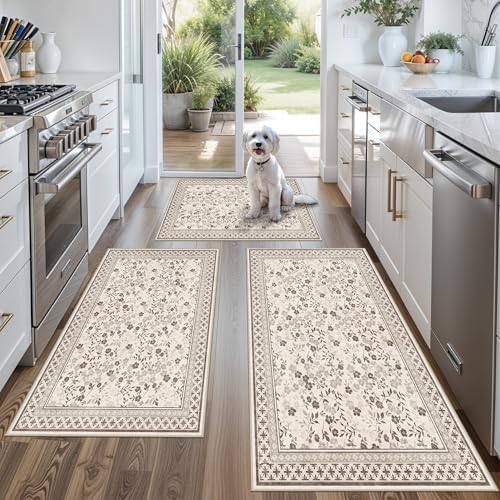 3-Piece Kitchen Rugs Set for Floor, Washable Non-Slip Farmhouse Kitchen Mats for Hardwood Floor, Rustic Floral Boho Runner Rug for Sink,Entryway & Hallway & Bathroom (Beige/Brown/Floral,2x3-2x4-2x5) by BYYVOORugsforYourHome