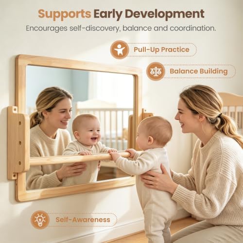 Montessori Mirror with Pull Up Bar, 23.6 x 15.7 in Natural Wood Frame & Shatter-Resistant Acrylic Baby Mirror for Floor and Wall, Tummy Time and Pull-to-Stand Practice - Image 6