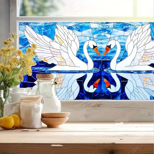 HOMETITUTE Swan Pair Stained Glass Window Cling 39.3x17.7 Inch PVC - Image 2