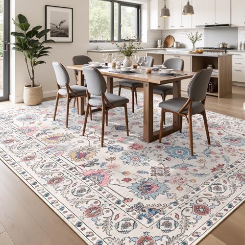 Hanples 9x12 Area Rugs for Living Room, Washable Rug Vintage Floral, Beige - Image 4