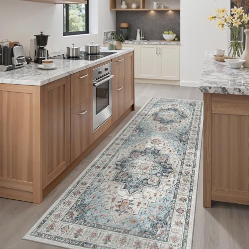 Madane Hallway Runner 3x8, Kitchen Rugs Washable Entry Rug, Blue by Madane
