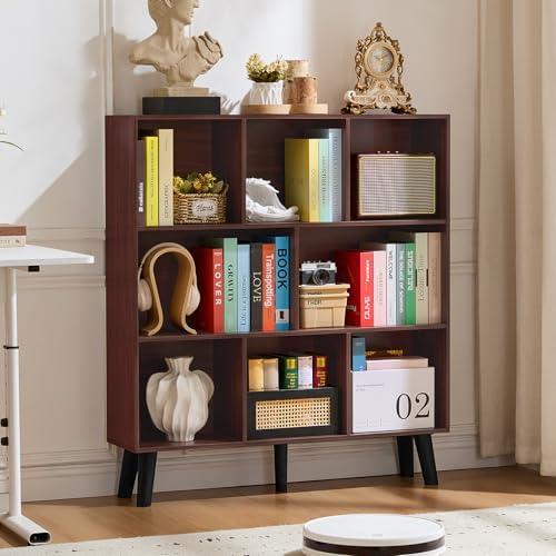 LEYAOYAO 8 Cube Bookshelf, Mid-Century Modern Book Shelf with Legs, Walnut by LEYAOYAO-Findtheshiningpointofyourideallife%EF%BC%81