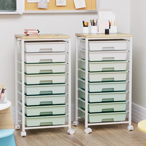 Rolling Cart with 8 Drawers, Storage Drawers Cart with Wooden Tabletop and Lockable Wheels, Craft Storage for Living Room, Office, Classroom, Craft Room, Bedroom - Image 3