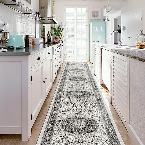 Hallway Washable Runner Rug - 2'6x14 Kitchen Rugs Entryway Rug Runner Vintage Soft Floor Mat Non Slip Indoor Farmhouse Carpet for Bathroom Living Room Bedroom (2'6''x14', Grey) - Image 2