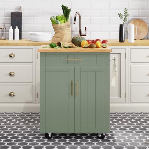 Shintenchi Kitchen Island cart with Storage, Portable Bar Cabinet on Wheels, Rolling Microwave Cart Side Table with Workstation for Kitchen, Dinning Room, Green by Shintenchi%7CFurnitureMadeforRealLife
