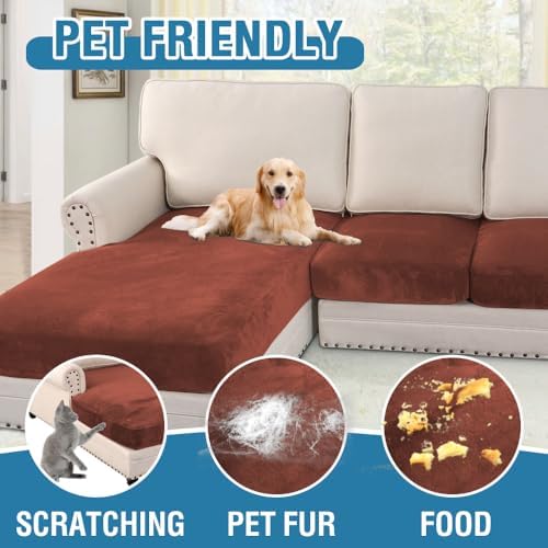 H.VERSAILTEX Velvet Stretch Sectional Couch Covers 4 Pieces Sofa Seat Cushion Covers L Shape Separate Cushion Couch Cover for Both Left/Right Sectional Couch (Large Sofa 3 Seater + 1 Chaise, Rust) - Image 3
