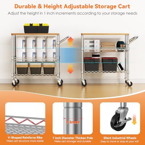 3 Tier Rolling Kitchen Carts on Wheels with Storage,650Lbs Heavy Duty Utility Carts with Wheels,Kitchen Island with Wood Tabletop,Metal Serving Rolling Cart for Small Appliance Food Cart,Wood+Metal - Image 4