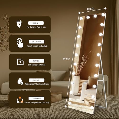 Kosmonia 66"x22" Hollywood Full Length Mirror with Light, 22 Dimmable Bulbs - Image 2