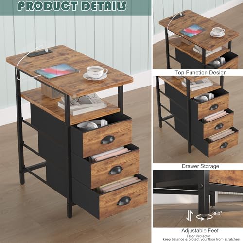 sthmec End Table with Charging Station, Side Tables Livingroom with USB Ports and Outlets,Narrow Nightstands Bedside Tables with 3 Drawers for Small Space,Slim Sofa Table Bedroom,Rustic Brown - Image 5