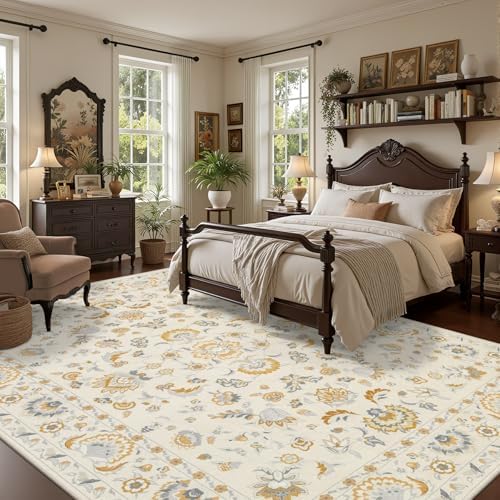8x10 Area Rug Living Room: Soft Floral Washable Boho Carpet Beige - Image 3