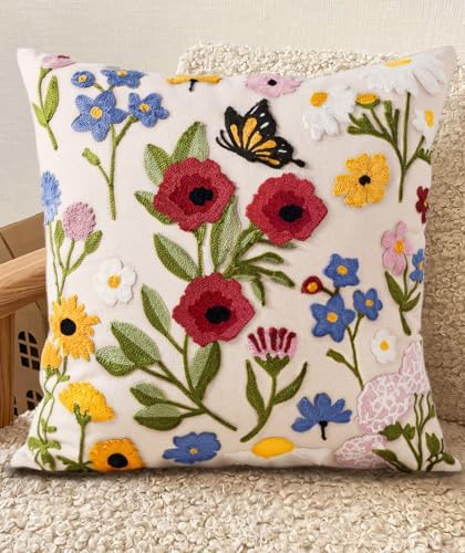 Embroidered Throw Pillow Cover 18x18 Inch, Retro Flower by Kokaaee