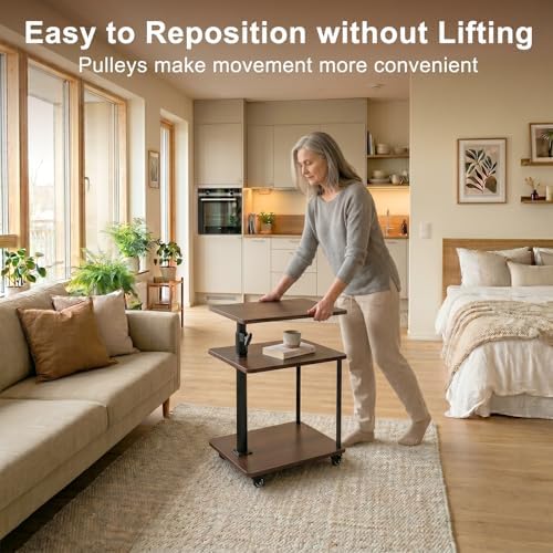 Modern Farmhouse Rolling Side Table with Wheel for Living Room, Adjustable Height Swivel End Table for Different Seating Types, Ideal for Couch, Sofa, Recliner and Living Room, Walnut-Look - Image 3