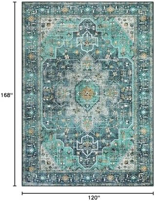 Moynesa Ultra-Thin Washable 10x14 Area Rugs for Living Room, Teal Large Living Room Rug Non Slip, Vintage Oriental Indoor Floor Carpet for Dining Room Table Dorm Home Office Decor - Image 2