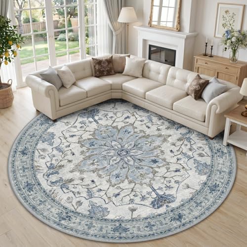 RELEANY Washable Area Rug, Round 10ft, Blue/White/Gray by RELEANY