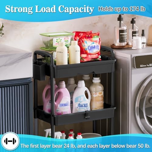 SUNALLY 3 Tier Rolling Cart with Drawer, Craft Storage Cart Organizer,Black - Image 4