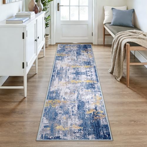 RELEANY Washable Runner 2'6"x8' Abstract Area Rug for Hallway Blue Gold - Image 2
