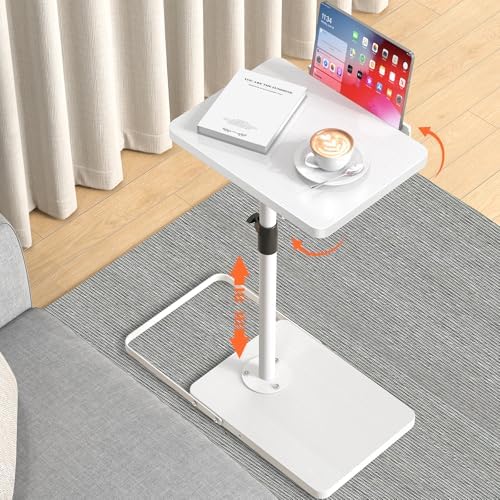 TV Tray Table for Couch, Height Adjustable/360° Swivel/180° Flip-Over Panel Design C-Shaped End Table, Sofa Arm End Side Table with Phone & Tablet Slot for Eating, Laptop,Couch Bed (White) by Dataroad+Selead