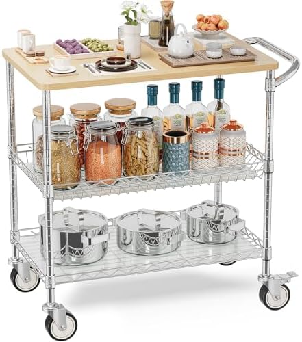 Rolling Kitchen Carts with Wheels, 3-Tier Utility Cart with Wood Tabletop by Leteuke
