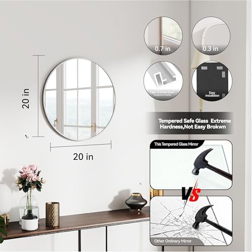 SCWF-GZ 20" Round Mirror Circle Wall Mounted Hanging or Against Wall Metal Frame Dressing Make-up Mirrors for Entryway Bedroom Bathroom Living Room 20 inch Silver - Image 3