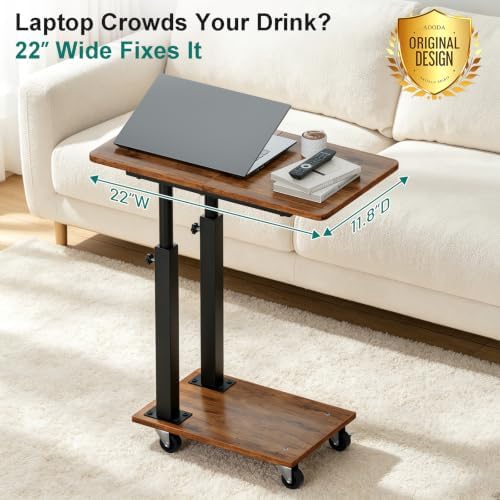 AOODA 22''W TV Tray Table with Wheels Adjustable Height, C Shaped End Tables Living Room, Rolling Couch Side Table with Storage for Sofa, Bed, Recliner (Rustic Brown) - Image 2