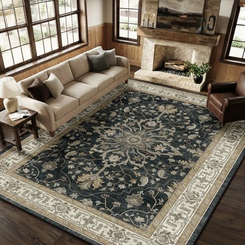 RELEANY Washable Area Rug, 8'x10', Black/Vintage/Beige by RELEANY