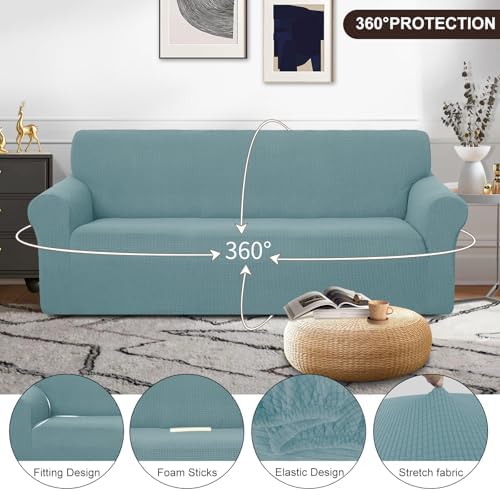 U-NICE HOME Stretch Couch Cover Slipcover for 3 Cushion Sofa, Light Blue - Image 3