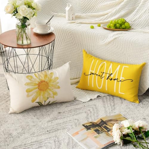 AVOIN colorlife Home Sweet Home Spring Summer Flowers Yellow Throw Pillow Covers, 12 x 20 Inch Cushion Case for Sofa Couch Set of 4 - Image 4