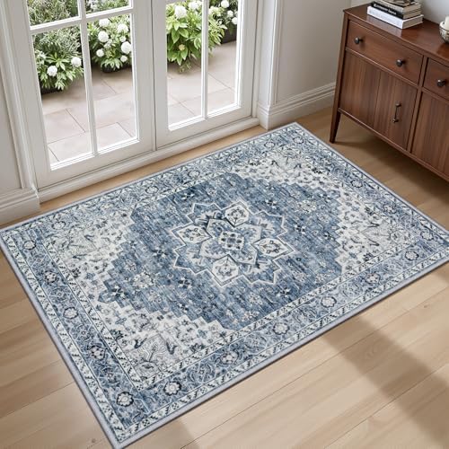 2x3 Area Rugs Living Room: Washable Vintage Rug for Bedroom Blue by EXPEDIX