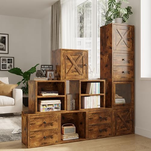 FUSUNBAO Magic DIY Cube Storage Organizer Stackable Cubes for Home Books Clothes Toy-Modular Cubby Storage System-Office Cubical-Bookcase Closet(Antique Brown, Glass Door Cube) - Image 2
