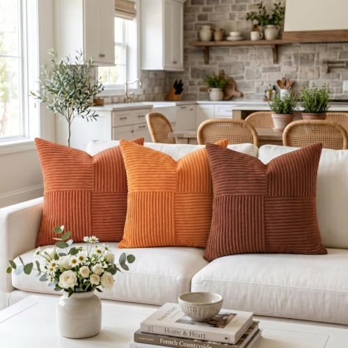 Fancy Homi 2 Packs Orange Euro Decorative Throw Pillow Covers 26x26 Inch for Living Room Couch Bed, Farmhouse Boho Home Decor, Soft Corss Corduroy Patchwork Textured Square Cushion Case 66x66 cm - Image 2