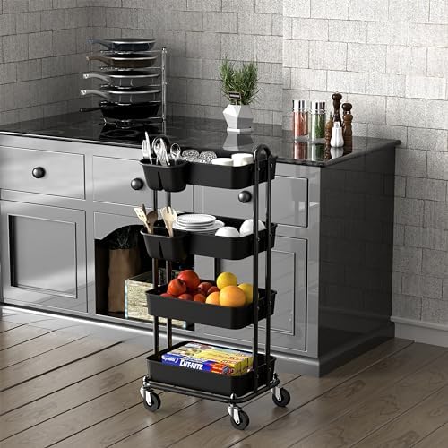 Simple Houseware 4-Tier Rolling Utility Cart with Hanging Bucket, Black - Image 3