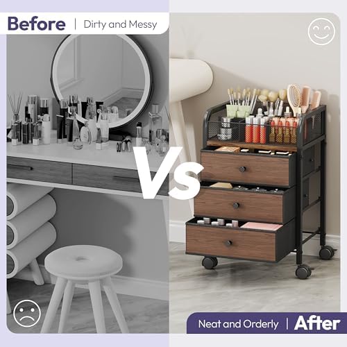SWTYMIKI Rolling Makeup Organizer Cart - 14.96″*11.81″*23.03″ Widened Under Desk Vanity Storage with 3 Non-woven Drawers, Cosmetic Display Cases for Skin Care Perfume Nail Polish Brush Hair Tool Black - Image 3