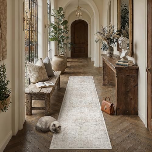 2x8 Washable Runner Rug Beige Grey Non Slip Vintage Carpet - Image 3
