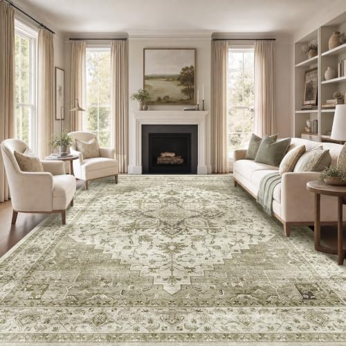 AMADA HOMEFURNISHING 9x12 Washable Area Rug, Low-Profile Large Area Rug with Non-Slip Backing & Durable Edge Binding, Vintage Large Rugs for Living Room, Bedroom & Dining Room by AMADAHOMEFURNISHING