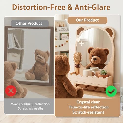 Montessori Mirror with Hooks and Shelf, Toddler Self-Care Station with Sensory Mirror, Nursery Wooden/Acrylic Child Safe Wall Mirror for Kids Playroom, Bathroom, Bedroom, Living Room, Entryway - Image 6