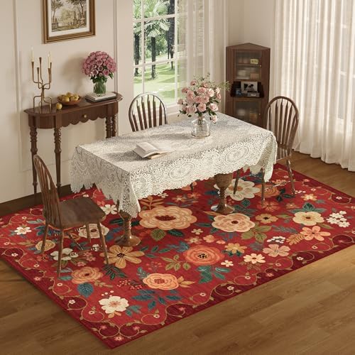 DUKINO 8x10 Area Rugs, Floral Washable Living Room Rug Non Slip, Red - Image 4