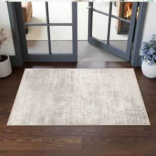 Washable 2x4 Entryway Area Rugs: Abstract Water Resistant Kitchen Sink Rug Non-Slip Durable Doormat Ultra Soft Living Room Bedroom Carpet Low Pile Floor Mat for Bathroom Dining Room(2x4,Beige/Cream) by HYHAOYUNLAI