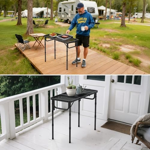 VINTEAM Folding Grill Table with Mesh Top, 3 Adjustable Heights, Lightweight Portable Camping Table, Black Aluminum Alloy BBQ Picnic Table for Outdoor Cooking, Tailgating, Beach, RV & Backyard - Image 4