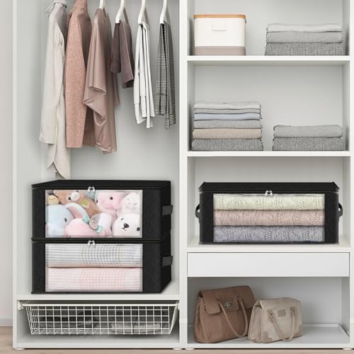 HomeHacks 6-Pack Clothes Organizer Storage Bags Foldable Storage Box with Large Clear Window Sturdy Handles for Closet, Dorm, Pillows, Bedding, Clothes, Stuffed Toys, Blankets, 35L, Black - Image 5