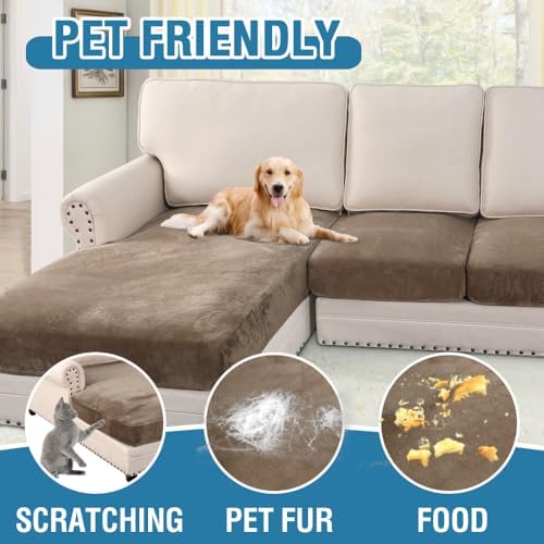 H.VERSAILTEX Velvet Stretch Sectional Couch Covers 3 Pieces Sofa Seat Cushion Covers L Shape Separate Couch Cover for Both Left/Right Sectional Couch (Large Sofa 2 Seater + 1 Chaise, Mocha) - Image 4