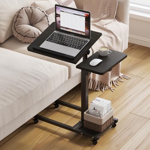 Laptop Desk Stand for Bed Portable Desk Overbed Bedside Mobile Laptop Table Rolling Foldable Table Adjustable Height with Locked Wheels & Mouse Pad for Office Sofa (Dekuwood Black) by Unknown