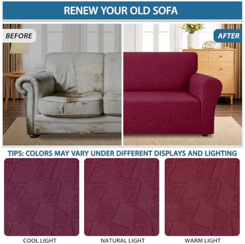 ZNSAYOTX 1 Piece Stretch Sofa Covers for 3 Cushion Couch (72"-90"), New Plaid Couch Cover with Non-Slip Buckle for Dog Pets, Ultimate Soft Cozy Washable Sofa Slipcover Form Fit Protector, Wine Red - Image 5