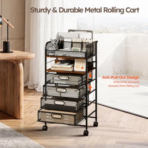 Homsorout Rolling Art Cart with 4 Drawers, Rustic - Image 6