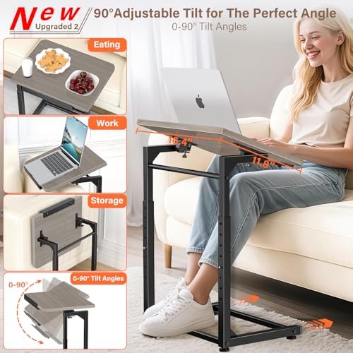 Tv Tray Table, 8-Level Adjustable Height Couch Side Table，90° Tilt Angle Adjustments C-Shaped End Table, with Phone & Tablet Slot Computer Desk for Sofa, Bed, Chair, Living Room（Lvory Gray） - Image 3