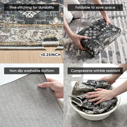 Washable 8x10 Area Rug, Distressed Persian-Style Geometric Floral Rug - Image 4