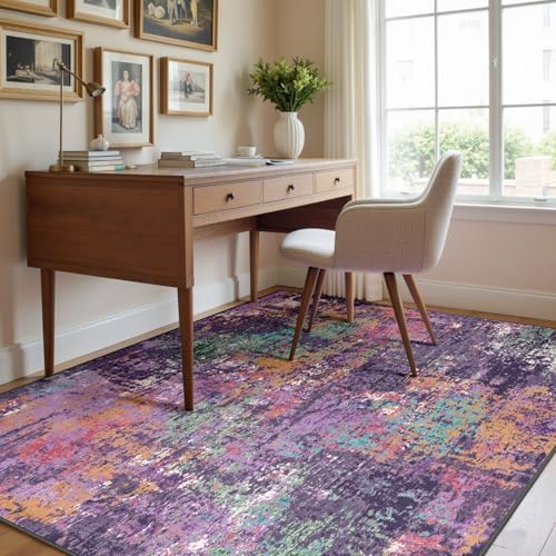 RELEANY Washable 4'x6' Abstract Area Rug for Living Room Purple Multi - Image 4